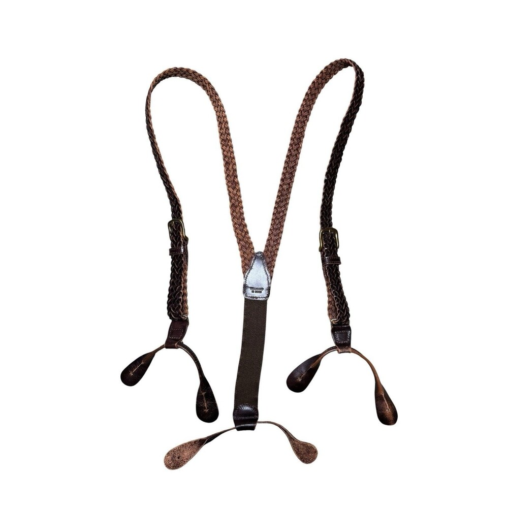 Vintage Brown Leather Braided Classic Suspenders Mens Brass Hardware Y Back
